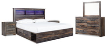 Load image into Gallery viewer, Drystan King Bookcase Bed with 4 Storage Drawers with Mirrored Dresser and 2 Nightstands
