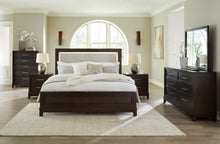 Load image into Gallery viewer, Neymorton California King Upholstered Panel Bed with Mirrored Dresser
