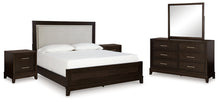 Load image into Gallery viewer, Neymorton California King Upholstered Panel Bed with Mirrored Dresser and 2 Nightstands
