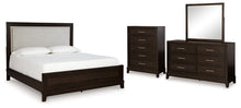 Load image into Gallery viewer, Neymorton King Upholstered Panel Bed with Mirrored Dresser and Chest
