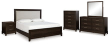 Load image into Gallery viewer, Neymorton King Upholstered Panel Bed with Mirrored Dresser, Chest and Nightstand
