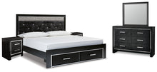Load image into Gallery viewer, Kaydell King Upholstered Panel Storage Platform Bed with Mirrored Dresser and 2 Nightstands

