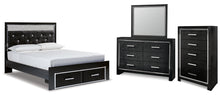 Load image into Gallery viewer, Kaydell Queen Upholstered Panel Storage Bed with Mirrored Dresser and Chest
