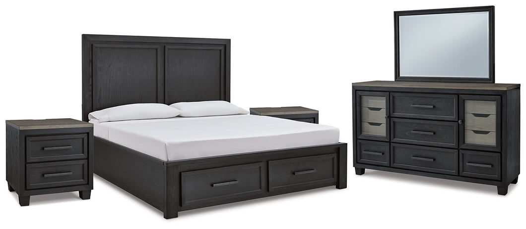 Foyland California King Panel Storage Bed with Mirrored Dresser and 2 Nightstands